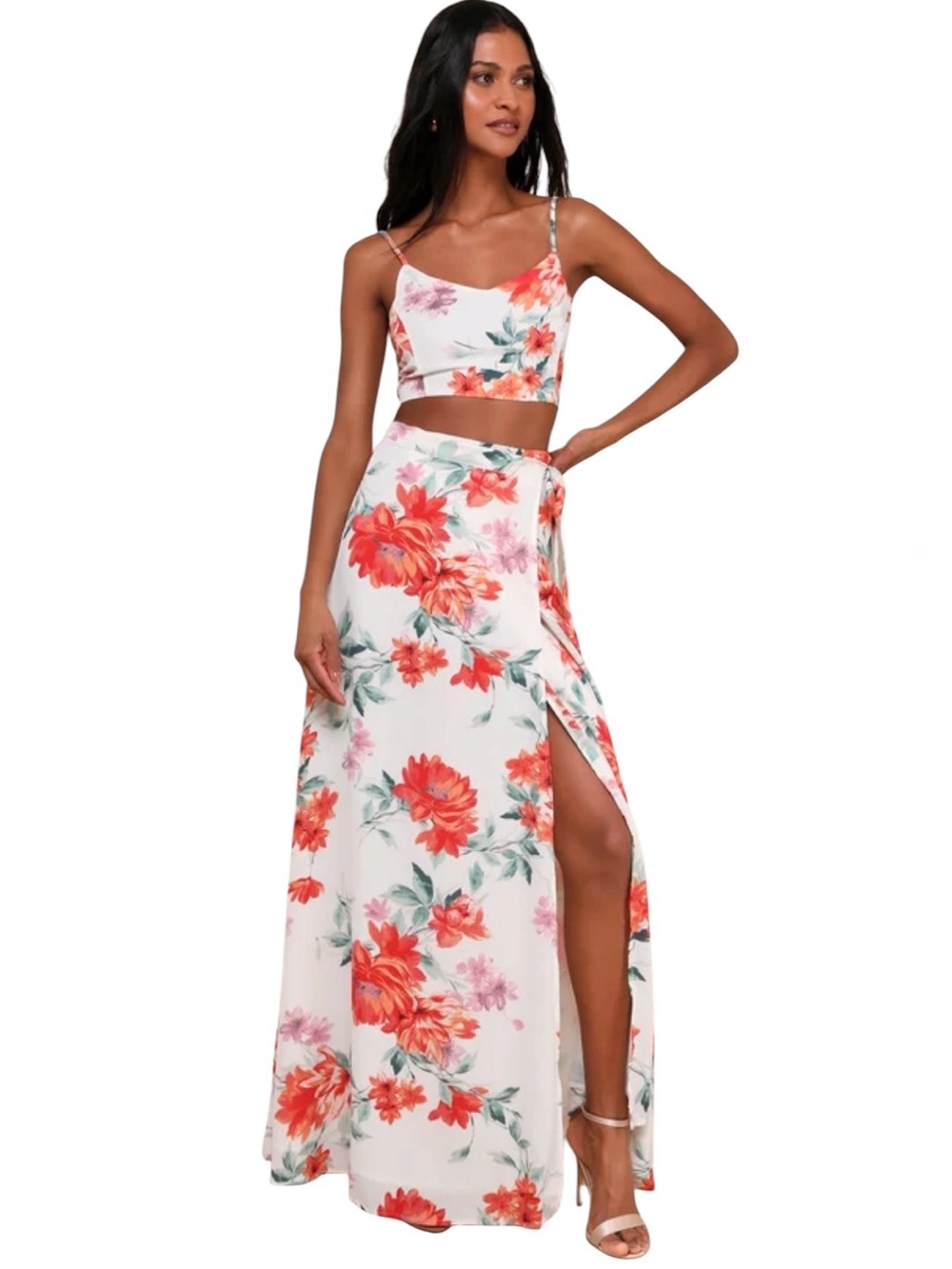 Lulus Bloom With a View White Floral Two Piece Maxi Dress Set Size Medium